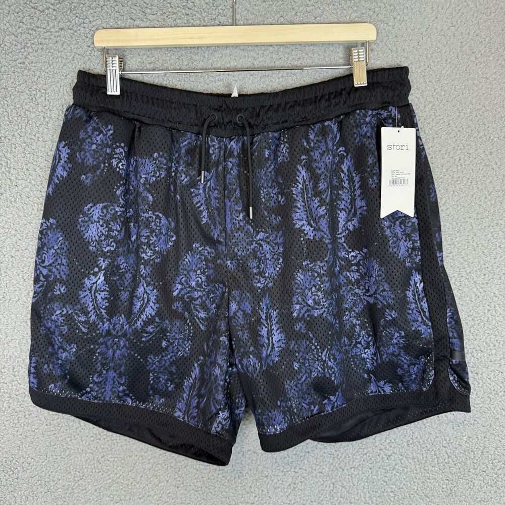 Stori Shorts‎ Mens XXL Black Floral Mesh Athletic Elastic Waist Drawstring NWT